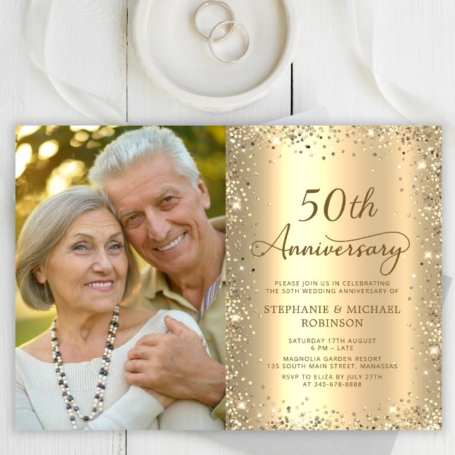 Modern Gold Glitter Photo 50th Wedding Anniversary Inbjudningar (Skapare uppladdad)