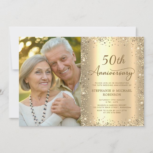 Modern Gold Glitter Photo 50th Wedding Anniversary Inbjudningar (Framsida)