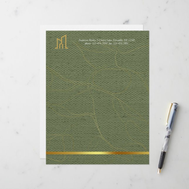 Modern Gold House Real Estate Olive Green Realtor Brevhuvud (Fram/Back In Situ)