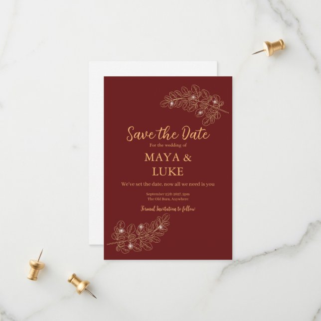 Modern Gold leaves Burgundy Spara Datumet (Fram/Back In Situ)