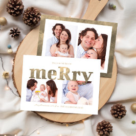 Modern Gold “Merry” Typography Photo Family Julkort