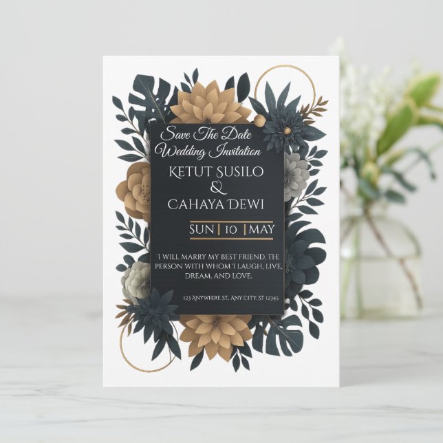  Modern Gold & Navy Floral Wedding Invitation  Inbjudningar (Stående Fram)