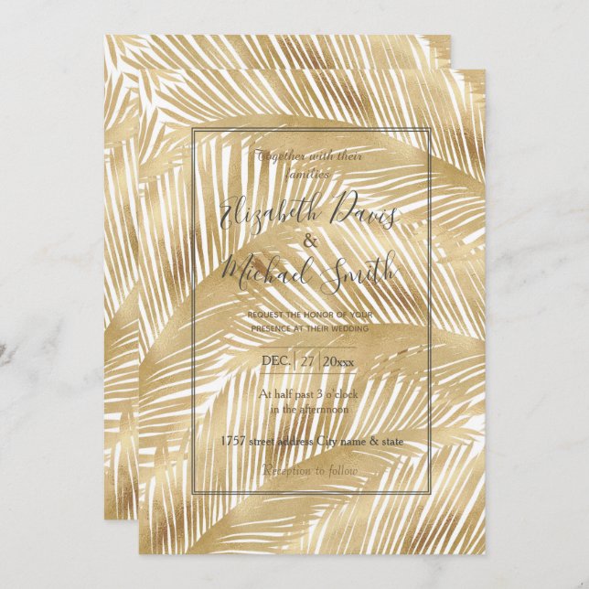 Modern Gold Palm Leaf Tropical Pattern Inbjudningar (Fram/baksida)