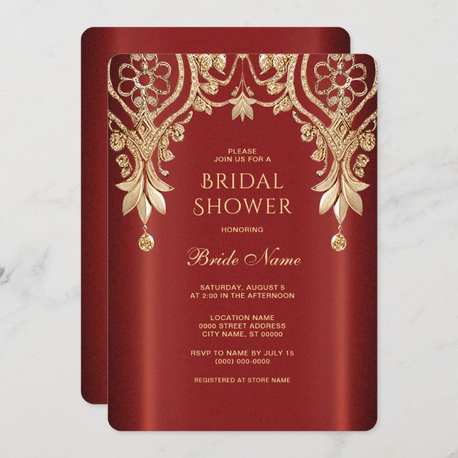 Modern Gold Red Floral Bridal Shower Invitation Inbjudningar (Fram/baksida)