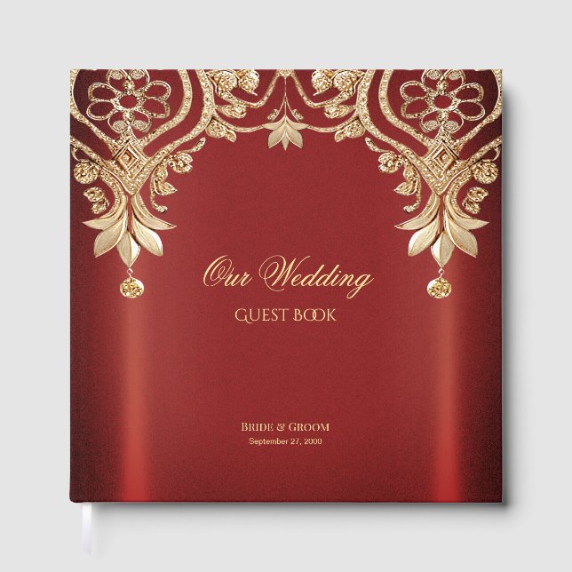 Modern Gold Red Floral Guest Book Gästböcker (Framsida)