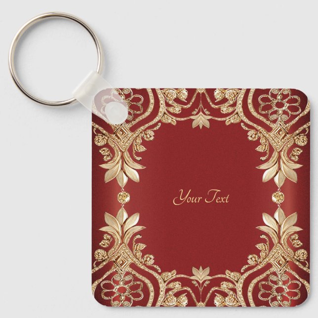 Modern Gold Red Floral Keychain Nyckelring (Framsida)