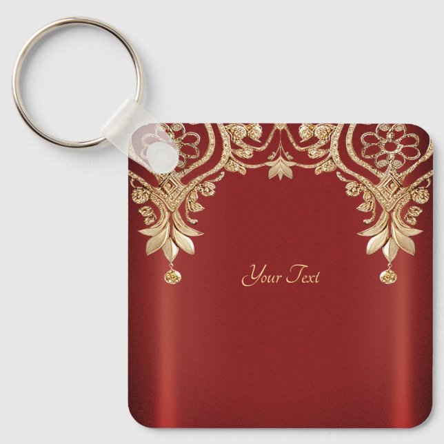Modern Gold Red Floral Keychain Nyckelring (Framsida)