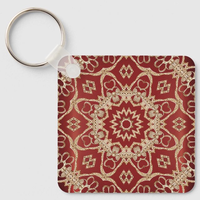 Modern Gold Red Floral Keychain Nyckelring (Framsida)