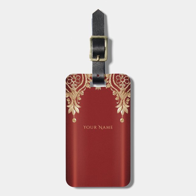Modern Gold Red Floral Luggage Tag Bagagebricka (Vertikal Framsida)