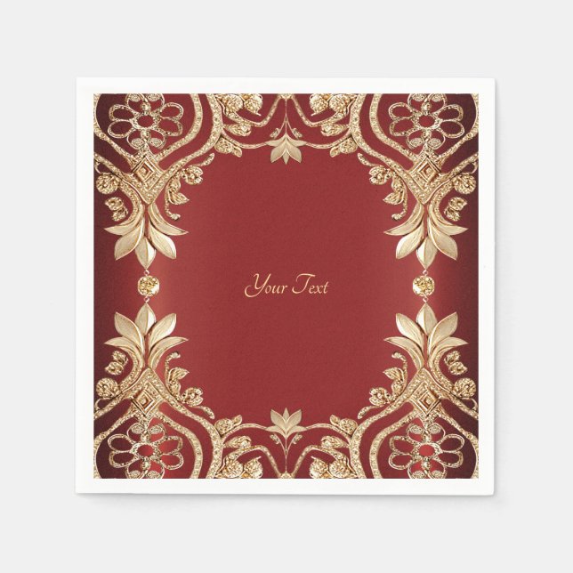 Modern Gold Red Floral Napkins Pappersservett (Framsidan)