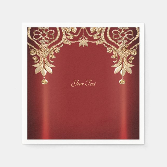 Modern Gold Red Floral Napkins Pappersservett (Framsidan)
