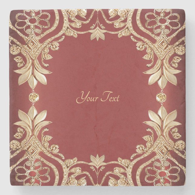 Modern Gold Red Floral Stone Coaster Stenunderlägg (Framsidan)