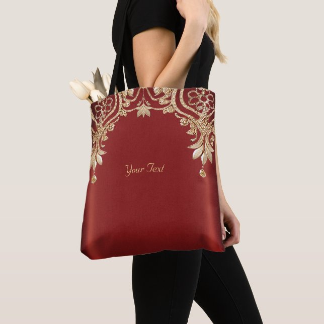 Modern Gold Red Floral Tote Bag Tygkasse (Närbild)