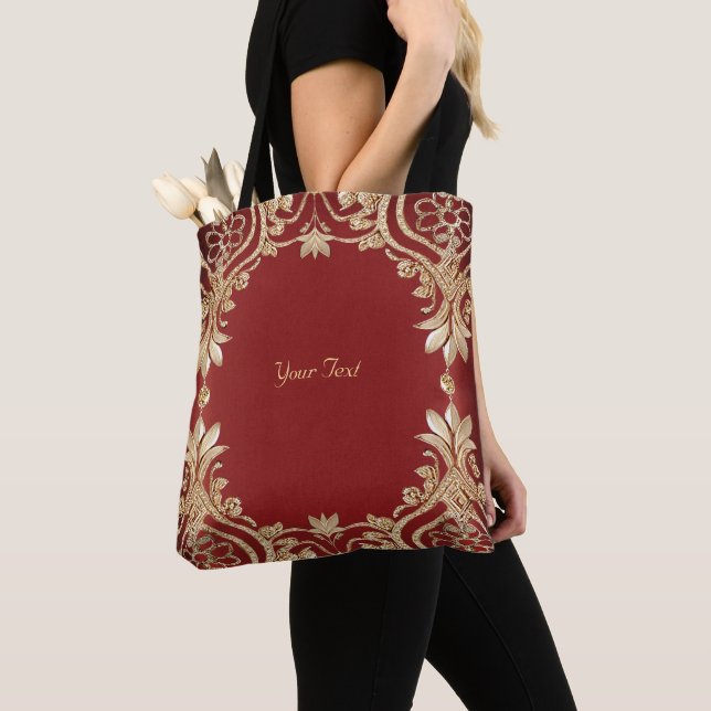 Modern Gold Red Floral Tote Bag Tygkasse (Närbild)