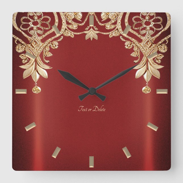 Modern Gold Red Floral Wall Clock Fyrkantig Klocka (Framsida)