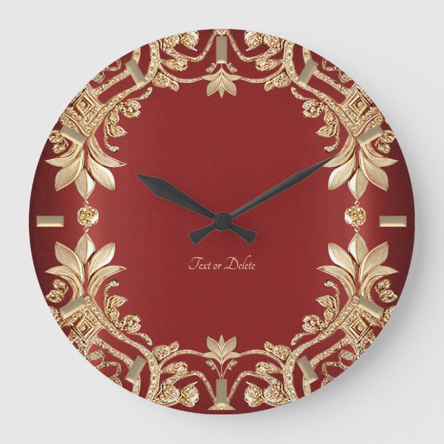 Modern Gold Red Floral Wall Clock Stor Klocka (Framsida)