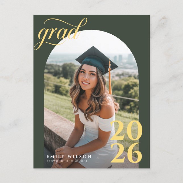 Modern Gold Script Arch Photo Graduation Thank You Vykort (Framsida)