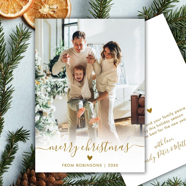 Modern Gold Script One Photo Cute Merry Christmas Julkort (Skapare uppladdad)