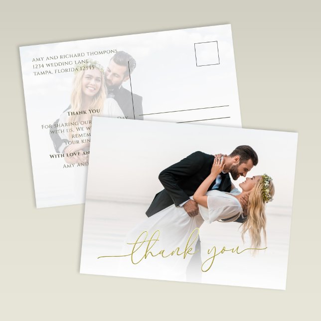Modern Gold Script Photo Wedding Thank You Card Vykort (Modern wedding thank you card with soft photo overlay and gold script text)