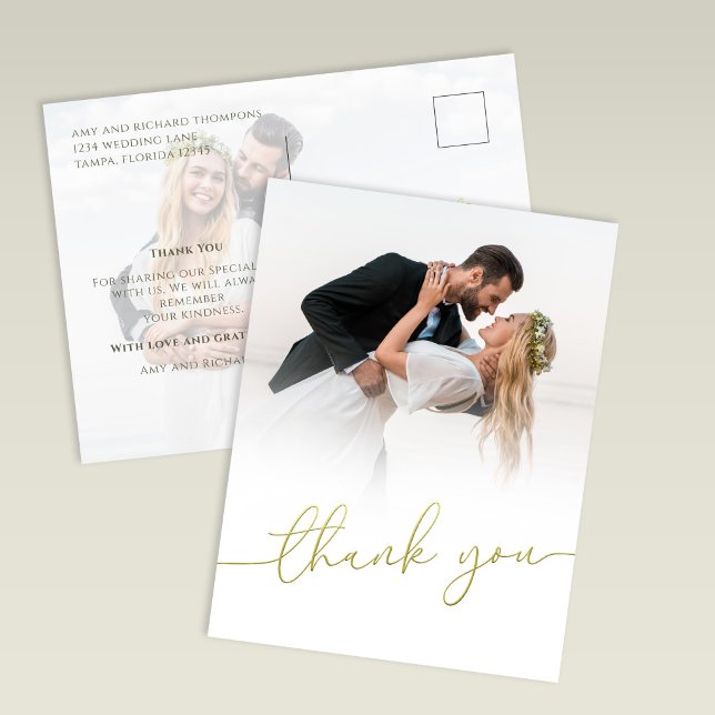 Modern Gold Script Photo Wedding Thank You Card Vykort (Gold script wedding thank you postcard with photo and modern minimalist design)