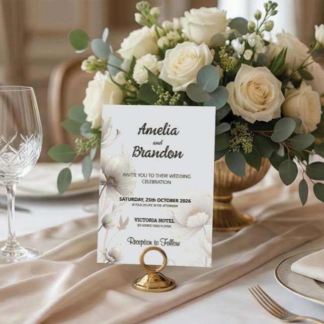 Modern Gold Sketch Flowers | White Wedding Inbjudningar (Skapare uppladdad)