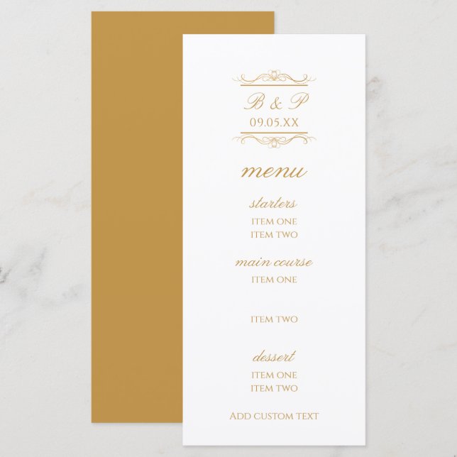 Modern Gold & White Monogram Wedding Menu Card (Fram/baksida)