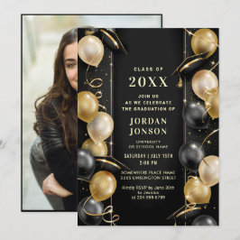 Modern Golden Black Studenten Hat Party Photo Inbjudningar