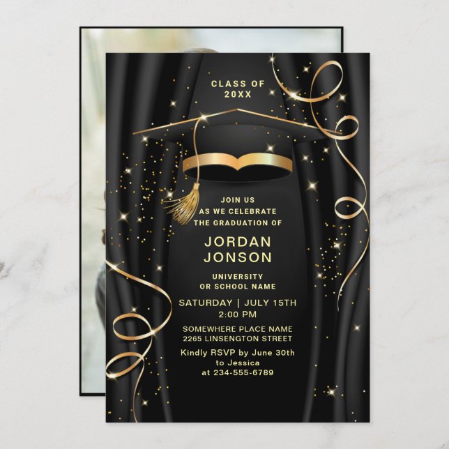 Modern Golden Black Studentfest Photo Inbjudningar (Fram/baksida)
