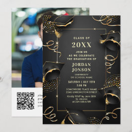 Modern Golden Black Studentfest Photo QR-kod Inbjudningar