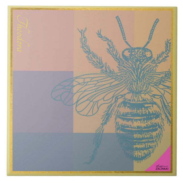 Modern Golden Blue Bee Kakelplatta (Framsidan)