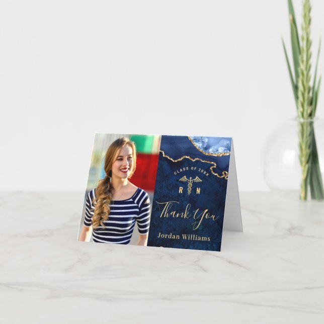 Modern Golden Blue Marble Agate RN Studenten Than Tack Kort (Framsida)