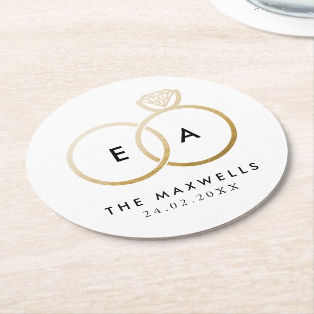 Modern Golden Bröllop Ringar-mottagning Underlägg Papper Rund (Vinklad)