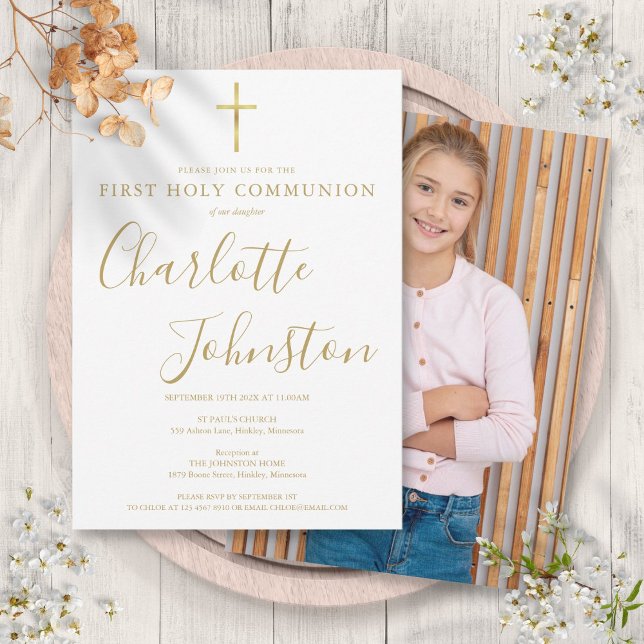 Modern Golden Namnteckning Kommunifoto med första  Inbjudningar (Modern Golden Signature First Holy Communion Photo Invitation)