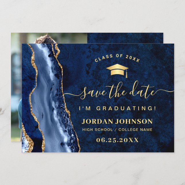 Modern Golden Navy Blue Marble Studenten QR-kod Spara Datumet (Fram/baksida)