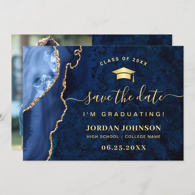 Modern Golden Navy Blue Marble Studenten QR Spara Datumet (Fram/baksida)