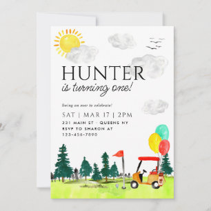 Modern Golf Cart Land Klubb Balloon Birthday Inbjudningar