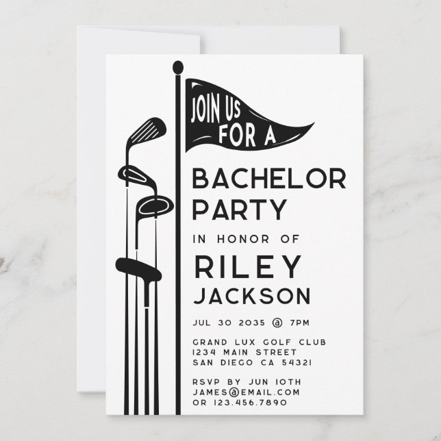 Modern Golf Golfers Bachelor Party Black and White Inbjudningar (Framsida)