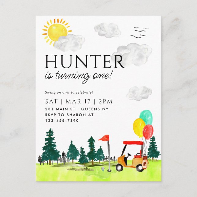 Modern golfbil Country Club ballong födelsedag Vykort (Framsida)