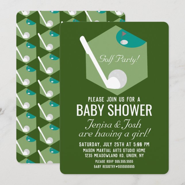 Modern golfboll tema pojke baby shower inbjudningar (Fram/baksida)