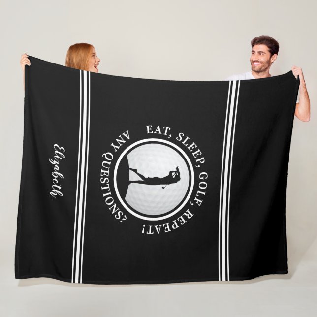 Modern Golfer Sport Monogram Namn Golf Svart  Fleecefilt (På plats)