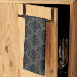 Modern Gothic Grått Black Damask Pattern Kökshandduk