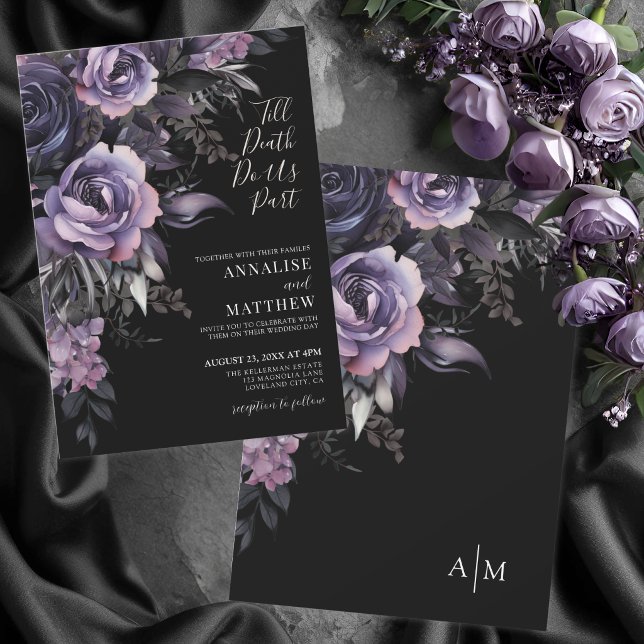 Modern gotisk blomster svart bröllop inbjudningar (Modern Gothic Floral Black Wedding Invitation)