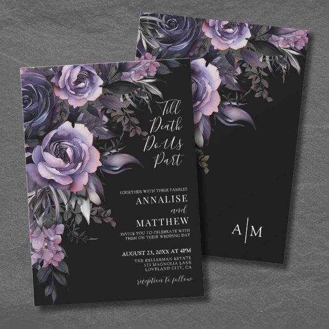Modern gotisk blomster svart bröllop inbjudningar (Modern Gothic Floral Black Wedding Invitation)