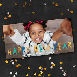 Modern Gott nytt år Guld Faux Foil w/Aqua Photo Julkort