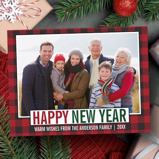 Modern Gott nytt år Photo Red Play Vykort (Customize to change your personalized text size or text style.)