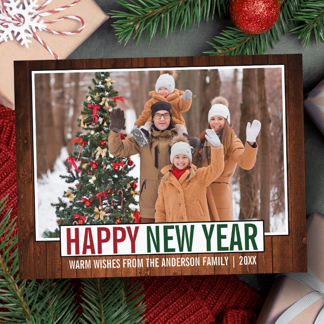 Modern Gott nytt år Wood Photo Vykort (Customize to change your personalized text size or text style.)