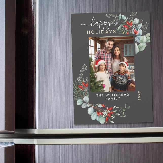 Modern grå botanisk jul fotokort magnet (You will love these beautiful Christmas cards! They feature botanical watercolor pine and berries.)