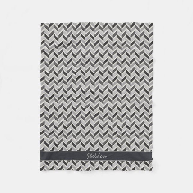 Modern grå chevron geometrisk mönster monogram fleecefilt (Framsidan)