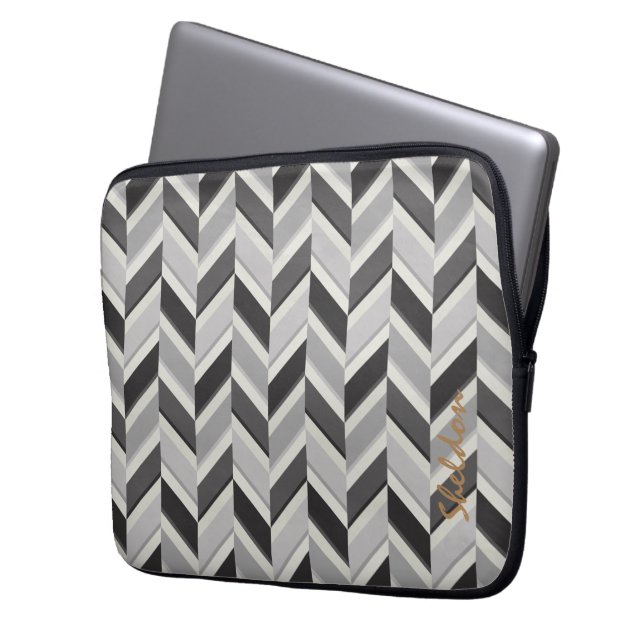 Modern grå chevron geometrisk mönster monogram laptop fodral (Framsidan Vänster)