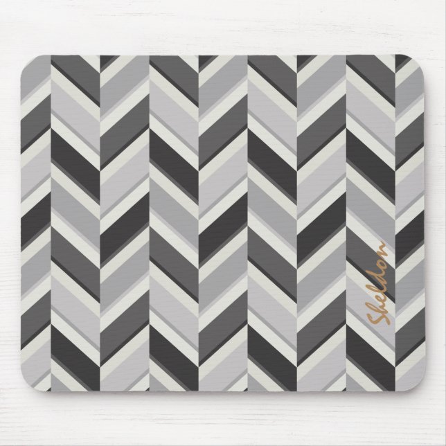 Modern grå chevron geometrisk mönster monogram musmatta (Framsidan)